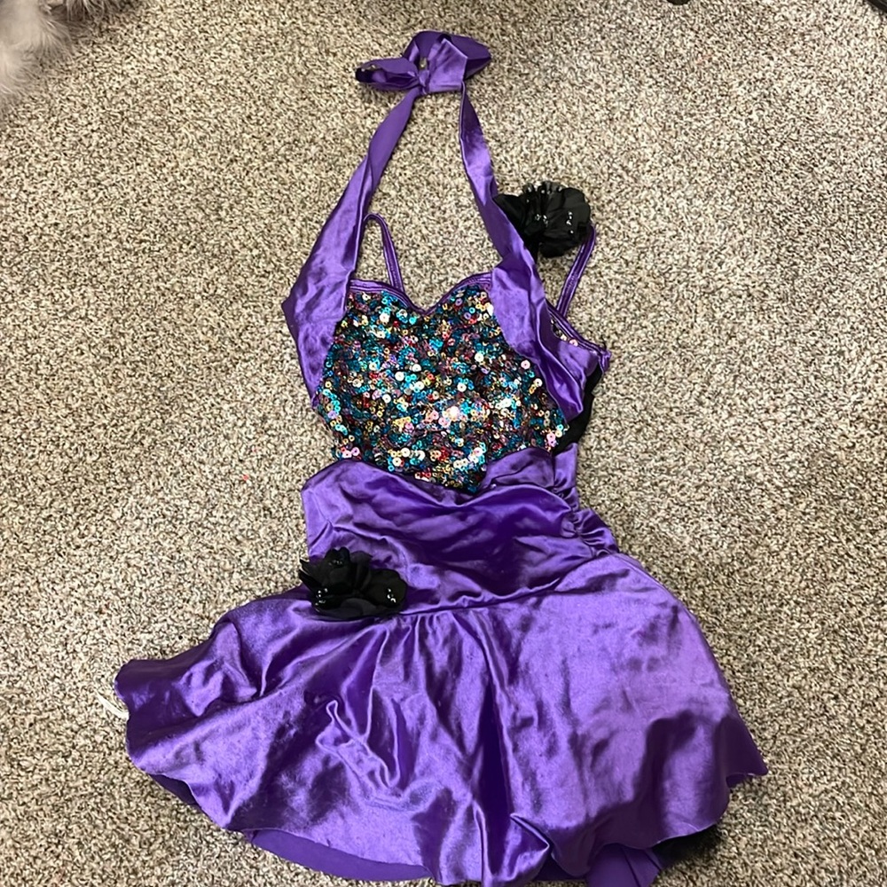 Curtain Call child sized medium. Purple one piece costume with ruffle skirt!